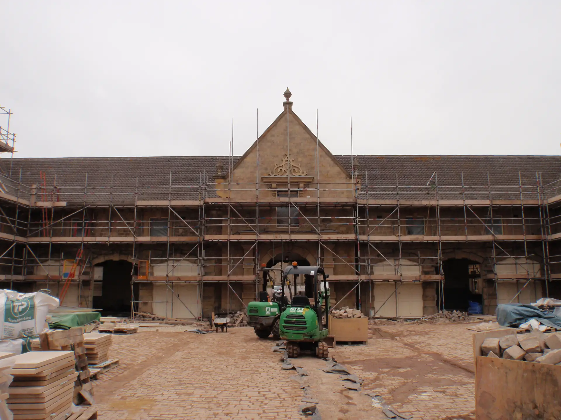 Welbeck Abbey under restoration, with the courtyard under scaffold